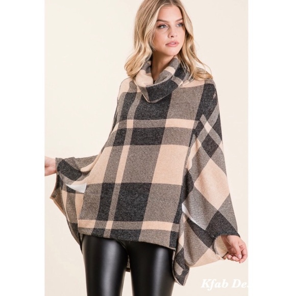 Plaid Mirr Print Cowl Neck Poncho with Pockets! - Picture 4 of 5